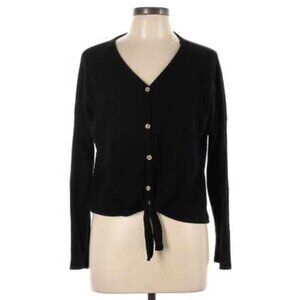 LOVEMARKS Solid Black Faux-Button Front Waffle Knit Tie-Waist Knit Top NWT Small
